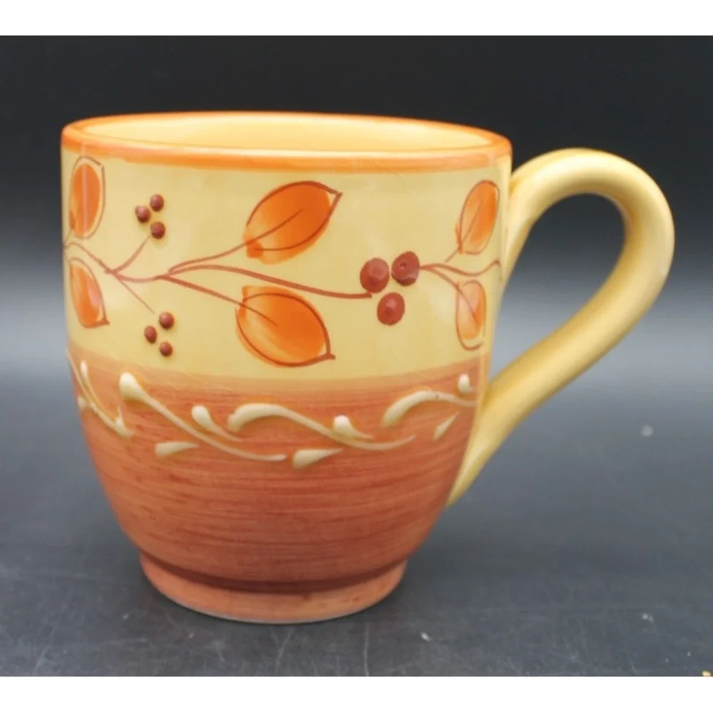 Pier 1 Genoa Coffee Mugs Set of 2 Hand Painted Italian Earthenware Leaves 4